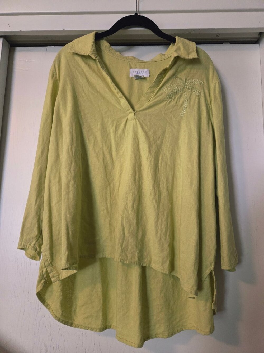 Calypso St. Barth 1X Lime Green Linen Blend Top Embroidered Palm Tunic Shirt